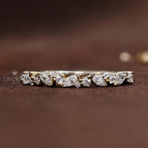Half eternity Moissanite wedding band Unique 14K gold wedding band Vintage Delicate Marquise wedding band Bridal Matching Stackable Band