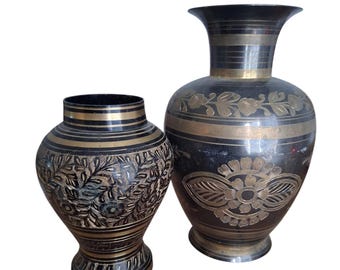 Vintage Floral Leafy Etched Brass Vases Made in India Home Decor