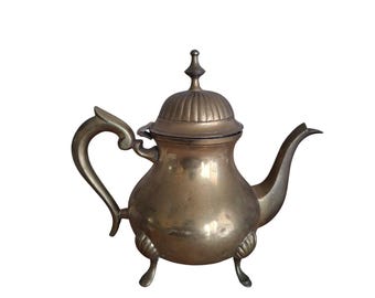 Vintage 8"x9"  Brass Teapot with Lid  made in India Ribbed Home Decor Kitchen