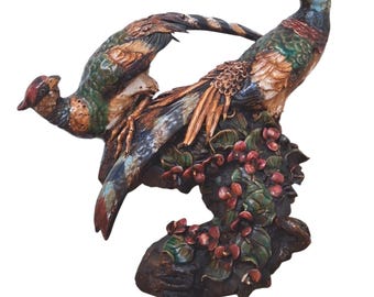Vintage 14" x 15" Heavy Hand Painted Colorful Pheasant Birds Courting Sculpture