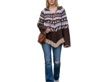 Y2k Vintage Arizona Women's Size Medium Fair Isle Hooded Fringe Poncho Sweater