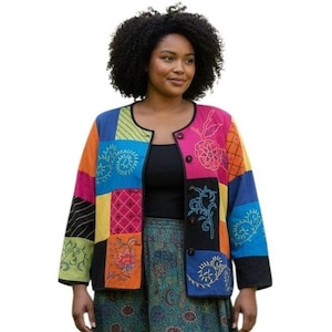 Vintage Indigo Moon Patchwork Floral Embroidered Womens size 1X Festival Jacket