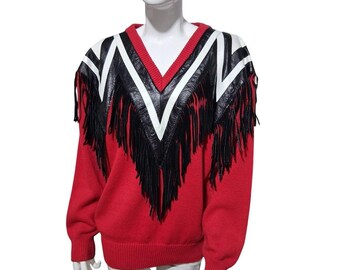 Vintage 80s Cameo Rose Leather Womens Medium Fringe  Western Sweater Festival