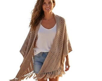 Handmade Crochet Open Knit Women's Fringe Beachy Versatile Shawl Pancho Bohemian