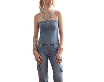 Vintage Y2K Baby Phat Women size 9 Denim Indie Sleaze Jumpsuit  Strapless Romper