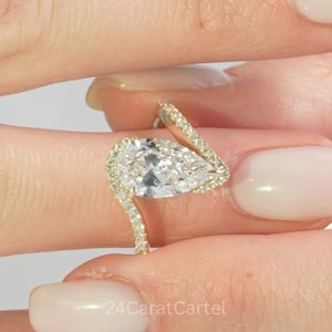 Pear Cut Moissanite Bypass Ring: 3ct Swirl Engagement Ring, 14k Yellow Gold
