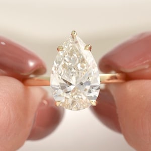 3Ct Pear Moissanite Engagement Ring: Solid Gold Thin Band Solitaire