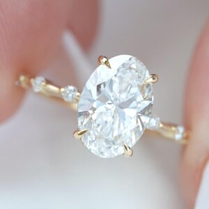 Oval Moissanite Engagement Ring: Yellow Gold Art Deco Bridal Ring