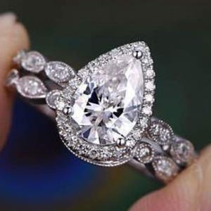 Pear Cut Moissanite Engagement Ring Set: Vintage Bridal Set, 14K Gold Matching Bands