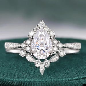 Pear Cut Moissanite Engagement Ring Set: Vintage Crown Bridal Set, 10K Gold