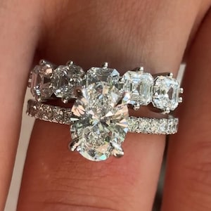 2Ct Oval Moissanite Engagement Ring Set: Vintage Asscher Band, Solid Gold