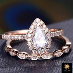 Pear Cut Moissanite Vintage Bridal Set: 14K Gold Wedding Ring with Matching Bands