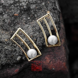 Geometric Pearl Earrings – Modern Gold Plated Earrings, Minimalist Statement Studs, Contemporary Jewelry Gift for Her