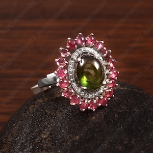 Natural Green & Pink Tourmaline Ring with  Diamonds | 925 Sterling Silver Jewelry | October Birthstone Jewelry Gift For Her