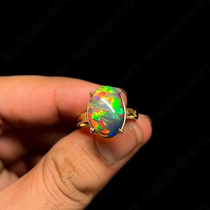 14K Solid Gold Natural Ethiopian Opal Ring – Multicolor Fire Oval Shape Black Opal Ring ,Handmade Opal Ring , October Birthstone Jewelry