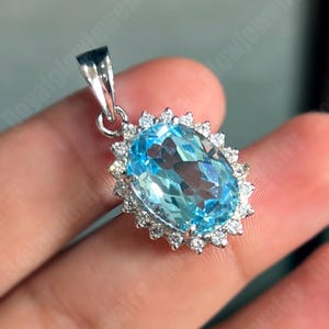 Natural Blue Topaz Faceted Oval Pendant in 925 Sterling Silver Elegant December Birthstone Jewelry ,Blue Topaz Necklace For Women&#39;s & Girls.