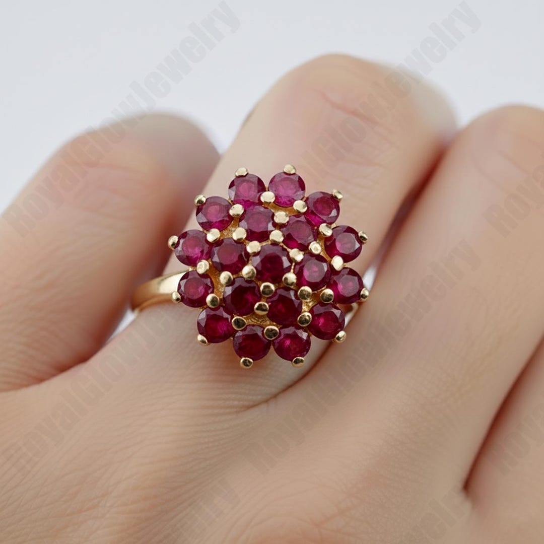 Ruby Cluster Ring Gold | Natural Red Ruby Floral Ring | Round Cut July ...