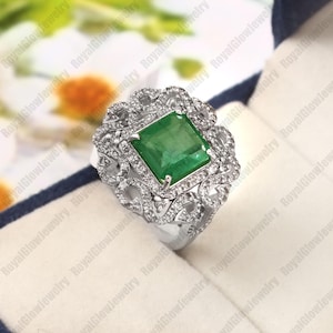 Natural Emerald Cushion Cut Ring with Diamonds | 925 Sterling Silver Ring  | July Birthstone Jewelry | Handmade Jewelry Gift For Her