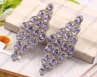 Pendiente de tanzanita natural con diamantes, joyería de plata de ley 925, pendiente largo llamativo, regalo de aniversario para ella