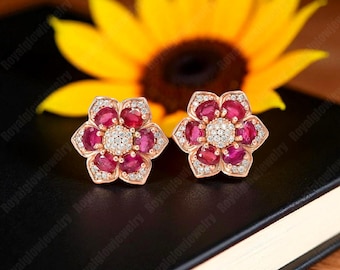 Ruby Flower Stud Earrings 14K Rose Gold Studs , Natural Ruby July Birthstone Earrings, Gold  Ruby Studs ,Gift for Her