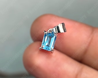 Natural Blue Topaz Emerald Cut Pendant, 925 Sterling Silver Blue Topaz Necklace, Handmade Silver Pendant December Birthstone Jewelry Gift.