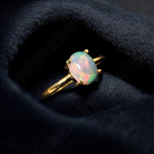 14k Solid Gold Opal Ring Natural Ethiopian White Opal Oval Solitaire Engagement Promise Ring October Birthstone Jewelry Gift