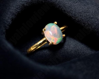 14k Solid Gold Opal Ring Natural Ethiopian White Opal Oval Solitaire Engagement Promise Ring October Birthstone Jewelry Gift