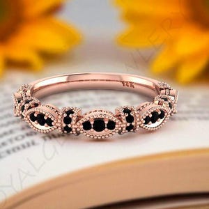 Black Onyx Gold Band Ring, 14k Rose Gold Stackable Ring, Minimalist Onyx Wedding Band, Black Gemstone Promise Ring