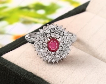 Natürlicher Rubin Oval Cut Ring mit Daimonds | 925 Sterling Silber Schmuck | Juli Geburtsstein Schmuck | Ring Geschenk für sie
