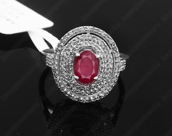 Natural Red Ruby Ring With Diamond, 925 Sterling Silver Jewelry, July Birthstone Jewelry, Handmade Ring Gift For Her