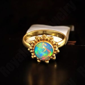 14k Solid Gold Natural White Opal Ring, Round Shape Opal Ring , October Birthstone Jewelry, Ring for women, Welo Opal Ring Gift for her