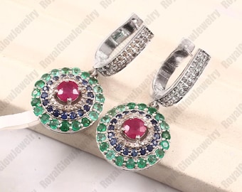 Natural Ruby, Emerald & Blue Sapphire Earrings with Diamonds | Faceted Gemstone Drop Earrings in 925 Sterling Silver | Anniversary Gift
