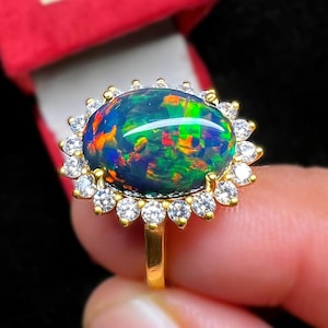14k Solid Gold Natural Ethiopian Black Opal Ring 5.00 Carat Oval Opal Cabochon with Play of Color Opal Ring October Birthstone Gift For her