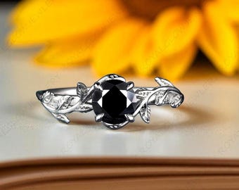 Natural Black Onyx Leaf Ring 925 Sterling Silver Ring | Nature Inspired Engagement Ring | Boho Promise Jewelry for Her