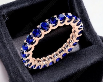 Natural Sapphire Eternity Ring 14K Gold Band | Round Shape Sapphire Wedding Ring | Solid Gold September Birthstone Gift Stacking Band