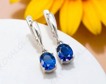 Natürliche Blauer Saphir Ohrringe 925 Sterling Silber Schmuck | Oval Edelstein Tropfen Ohrringe | September Birthstone Schmuck Geschenk für sie