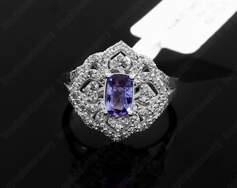 Natural Tanzanite Ring with Pave Diamonds, Cushion Cut Tanzanite 925 Sterling Silver Handmade Ring, December Birthstone Jewelry Gift For Her