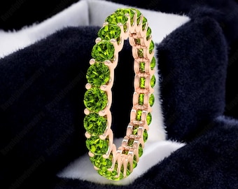 Natural Green Peridot Eternity Band Ring, 14K Gold Peridot Stacking Ring, August Birthstone Anniversary Ring, Gold Gemstone Band