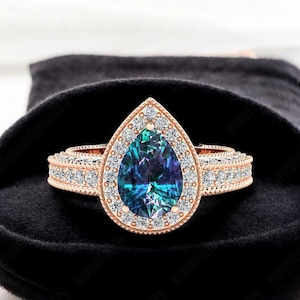 Alexandrite Engagement Ring 14K Rose Gold Jewelry | Pear Shape Alexandrite Diamond Halo Ring | June Birthstone Ring Anniversary Gift Jewelry
