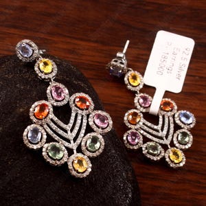 Natural Multicolor Sapphire Earrings with Diamonds in 925 Sterling Silver, Luxury Drop Earrings for Gift, September Birthstone Jewelry