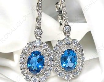 Natural Blue Topaz Dangle Earrings With Daimonds ,925 Sterling Silver Blue Topaz Earrings,  December Birthstone Jewelry, Bridal Gift for Her