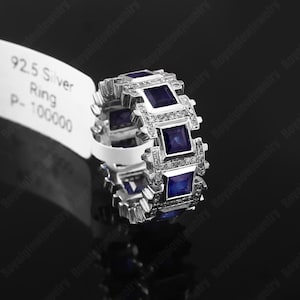 Natural Blue Sapphire Band Ring with Diamonds-925 Sterling Silver Eternity Ring- September Birthstone Luxury Men&#39;s & Women&#39;s Gift Jewelry .