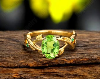 Natural Peridot Ring 14K Gold Nature Inspired Jewelry, Emerald Accent Green Gemstone Ring, August Birthstone Gift for Her