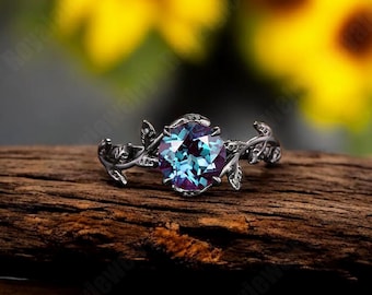 Alexandrite Round Cut Ring, Black Gold Color Changing Stone Ring, Gothic Leaf Promise Ring for Women, Floral Inspired Anniversary Jewelry