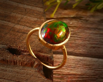 Anel de Opala Negra Etíope Natural | Anel de Opala em Ouro Maciço 14k | Anel de Opala Oval | Joia com Pedras do Nascimento de Outubro Feitas à Mão
