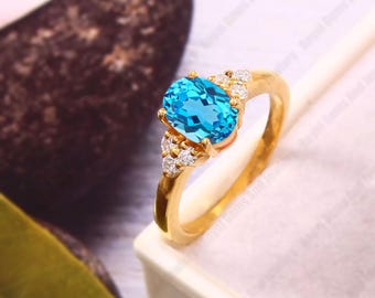 14K Solid Gold Blue Topaz Ring With Diamond Accents |925 Sterling Silver Ring  | December Birthstone Ring | Women' Jewelry | Gift for Her