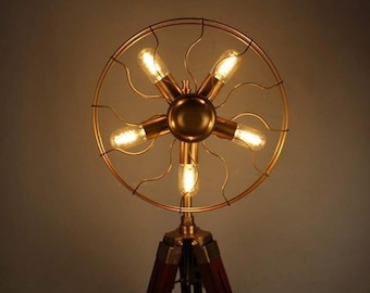 Vintage Tripod Floor Lamp, Industrial Nautical Searchlight Lamp, Brass & Wooden Tripod Light, Steampunk Home Decor, Handmade Lamp