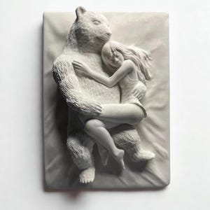 Girl and Bear Relief Statue | 3D Plaster Wall Art & Desk Decor