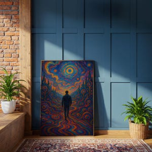 Psychedelic Journey Wall Art – Man Walking Into Swirling Landscape – Trippy Visionary Forest Path, Bold Surreal Cosmic Night Sky Home Decor