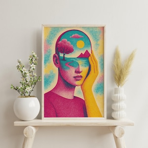 Pink Psychedelic Face - Dreamscape Mind Portrait - Colourful Abstract Head - Trippy Surrealist Decor - Pink Wall Art - Head and landscape
